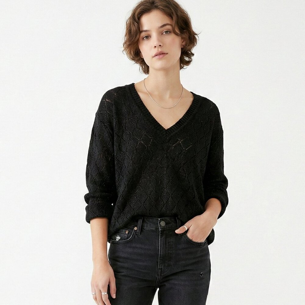 Arielle Sweater V-neck Black Metallic Pointelle Knit Y2K Casual Grunge 14/16W